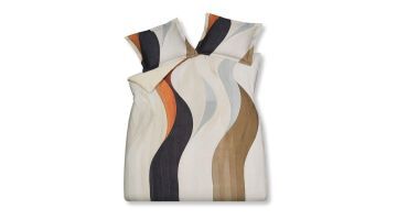 Curva dekbedovertrek cream tan met golvende lijnen in naturel en oranje tinten