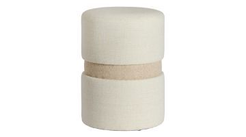 Ronde Novira poef in beige-crème met subtiele middenband en geweven stof