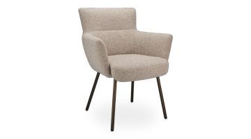 Eetkamerstoel Velar met armleuningen in beige bouclé stof en metalen poten in anodic brown