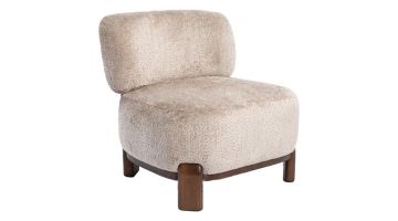 COCOmaison fauteuil Rhodi Taupe schuin van voren met bouclé stof en houten poten
