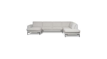 Montèl Brooklyn hoekbank in lichte chenille stof met dubbele chaise longue en zwarte poten