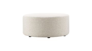 Ronde INHOUSE hocker Lurnio in champagnekleurige geweven stof, frontaal gefotografeerd met zachte afgeronde vormgeving.