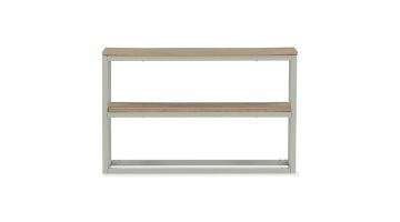 Moderne sidetable Rise met witte metalen poten en twee houtlook planken.
