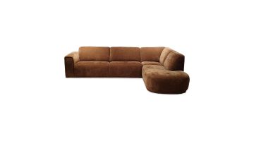 Elementenbank Alwick in warme bruine stof met royale hoekopstelling en afgeronde chaise longue