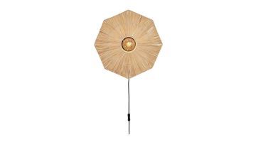 Panama wandlamp naturel van Good&Mojo met handgevlochten raffia kap en zwarte kabel
