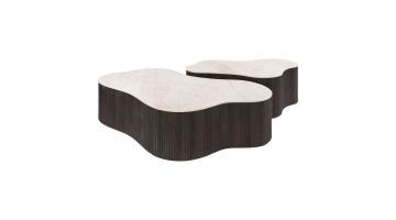 Salontafel Ceramo Grande set van 2 met organische vorm, licht keramisch blad en donker ribbelonderstel