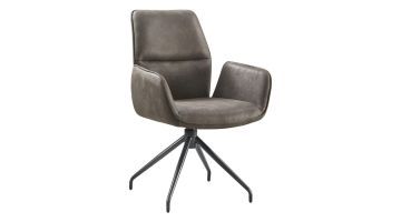 Donkergrijze Gavio armstoel in microleder Graphite met armleuningen, hoge rugleuning en zwart metalen draaibare kruispoot