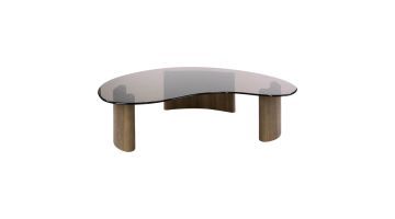 Salontafel Tinto met organisch blad van bronskleurig rookglas en eikenhout-look onderstel