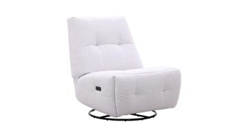 Relaxfauteuil Redan in lichte taupekleurige weefstof met elektrische verstelling, zwarte ronde draaivoet en decoratieve sierstiksels.