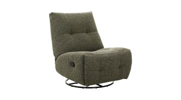 Relaxfauteuil Redan in groene weefstof met handmatige verstelling, zwarte ronde draaivoet en decoratieve sierstiksels.