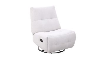 Relaxfauteuil Redan in lichte weefstof met handmatige verstelling, zwarte ronde draaivoet en subtiele sierstiksels.