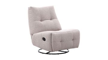 Relaxfauteuil Redan in beige weefstof met handmatige verstelling, zwarte ronde draaivoet en decoratieve sierstiksels.