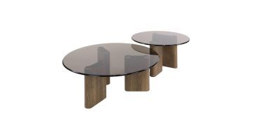 Salontafelset Tinto met twee ronde bladen van bronskleurig rookglas en onderstellen in eikenhout-look