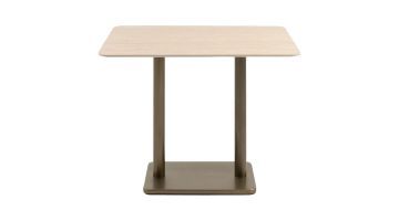 Rechthoekige COCOmaison Brest bartafel met travertinlook blad en goudkleurig metalen onderstel, vooraanzicht