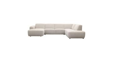 Hoekbank Falun in lichte stof met twee chaise longues en afgeronde vormen op een witte achtergrond