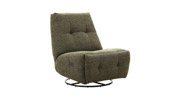 Relaxfauteuil Redan in groene weefstof met zwarte ronde draaivoet en elektrische verstelbare voetensteun ingeklapt.