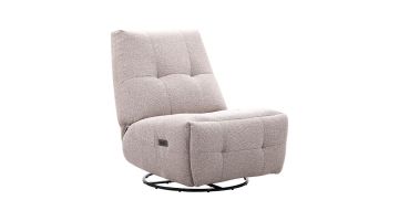 Beige elektrisch verstelbare relaxfauteuil Redan met zwarte ronde draaivoet, sierstiksels en voetensteun ingeklapt.