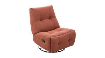 Relaxfauteuil Redan in roestkleurige weefstof met zwarte ronde draaivoet en manuele verstelbaarheid.