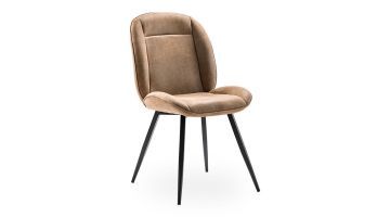 Eetkamerstoel Domeno in bruine stof met subtiele leerlook, afgeronde rugleuning en zwarte metalen poten.