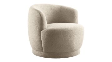 Draaifauteuil Fiumi in beige stof schuin van voren met afgeronde armleuningen en ronde zitting
