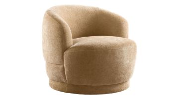 Draaifauteuil Tenna in camelkleurige stof schuin van voren gefotografeerd met ronde arm- en rugleuning