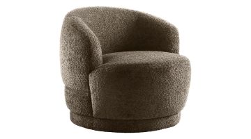 Draaifauteuil Tenna in bruine Venga Wood stof schuin van voren gefotografeerd met ronde rug- en armleuning