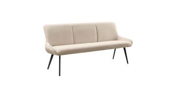 Eetkamerbank Ceno Linen-Naturel met lichte bekleding, afgeronde armleuningen en zwarte poten, schuin van voren gefotografeerd