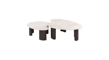 Salontafel Ceramo Aperto set van twee organische tafels met lichte bladen en donkerbruine onderstellen