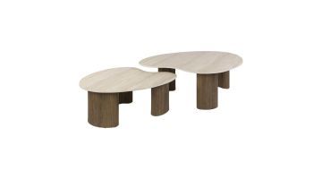 Salontafelset Ceramo Aperto met twee organisch gevormde bladen in travertinlook en houtlook onderstellen op witte achtergrond