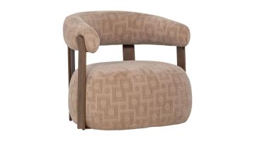WOOOD Foon fauteuil in zandkleurige structuurstof met rond ontwerp en houten frame