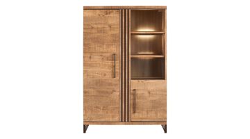 INHOUSE Wandkast Giantina in mango decor met twee deuren, drie open vakken met LED-verlichting en metalen poten.