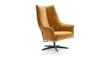 Draaifauteuil Maddington in mosterdgele weefstof met hoge rugleuning, zwarte metalen draaivoet en comfortabele armleuningen.