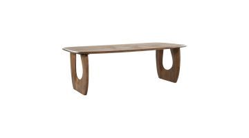 Eleonora eettafel Phoebe in bruin mangohout, schuin van voren gefotografeerd met afgerond tafelblad en organisch onderstel.