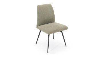 Pedro eetkamerstoel in lichtgroene stof met ergonomische rugleuning en zwarte metalen poten.