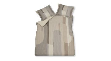Dekbedovertrek Shaping linen met grafisch dessin van strepen en ronde vormen in beige- en bruintinten.