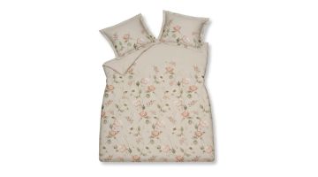 Dekbedovertrek Rosewood Charm linen met bloemenprint in zachte roze, beige en groene tinten inclusief kussenslopen met oxford rand.