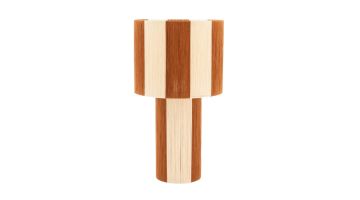 By-Boo tafellamp Ropi in caramel met cilindervormige voet en kap, bekleed met gestreept katoentouw in naturel en warme bruintinten.