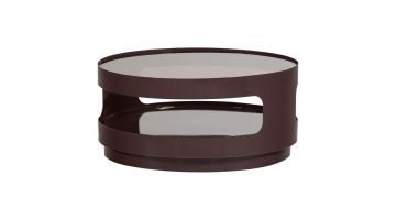 Ronde WOOOD salontafel Sero met bruin metalen frame en glazen blad op witte achtergrond