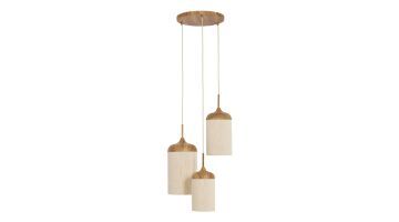 Light & Living hanglamp Dania met drie cilindervormige lampenkappen van naturel hout en crèmekleurig touw aan ronde plafondplaat.