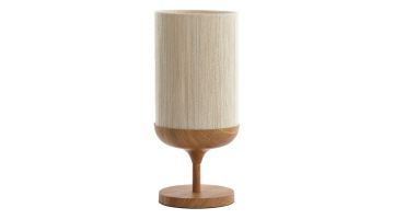 Light & Living tafellamp Dania met houtlook voet en cilindervormige kap van crèmekleurig katoenen touw op witte achtergrond.