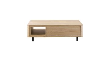 Pronto Wonen salontafel Lirona in old oak met open vak, brede lade en zwarte metalen poten op witte achtergrond.