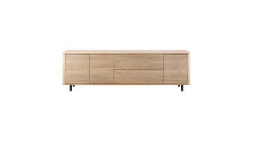 TV-kast Lirona 187 cm in old oak met afgeronde hoeken en zwarte metalen poten.