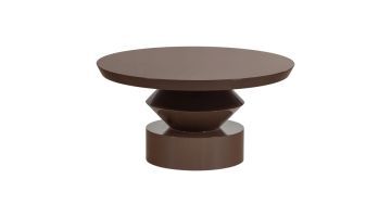 WOOOD Auren salontafel in hoogglans bruin met rond blad en sculpturaal onderstel.