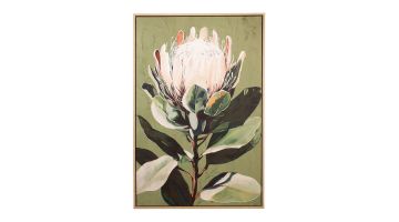 Wandschilderij met wit-roze bloem, groene bladeren en houten lijst.