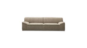 Trendhopper 3-Zitsbank Cube in een neutrale beige taupe stof met lage schuin oplopende armleuningen.