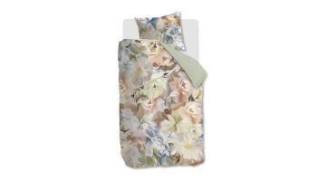 Dekbedovertrek Whita met bloemenprint in pastelkleuren en effen lichtgroene achterzijde.