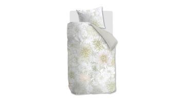 Dekbedovertrek Fede met bloemenprint in wit- en lichtgroene tinten en effen lichtgroene achterzijde.