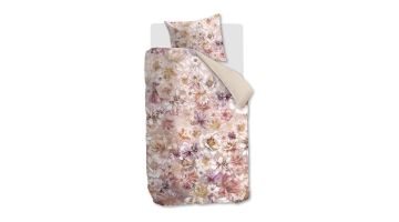 Dekbedovertrek Vario Florum van Kardol met bloemenprint in roze-, lila- en crèmetinten en effen beige achterzijde.