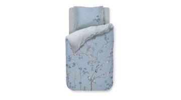 Pip Studio Bamboo Blossom dekbedovertrek met bloesemtakken, paradijsvogels en tegelprint op de achterzijde.