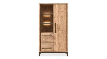 Bergkast Calisa van Profijt Meubel in mango decor met drie laden, drie verlichte open vakken en grote kastdeur